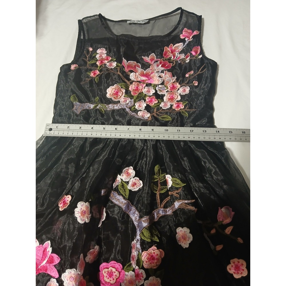 With The Win Black Organza Cherry Blossom Floral Embroidered Mini Dress Small - Picture 12 of 15